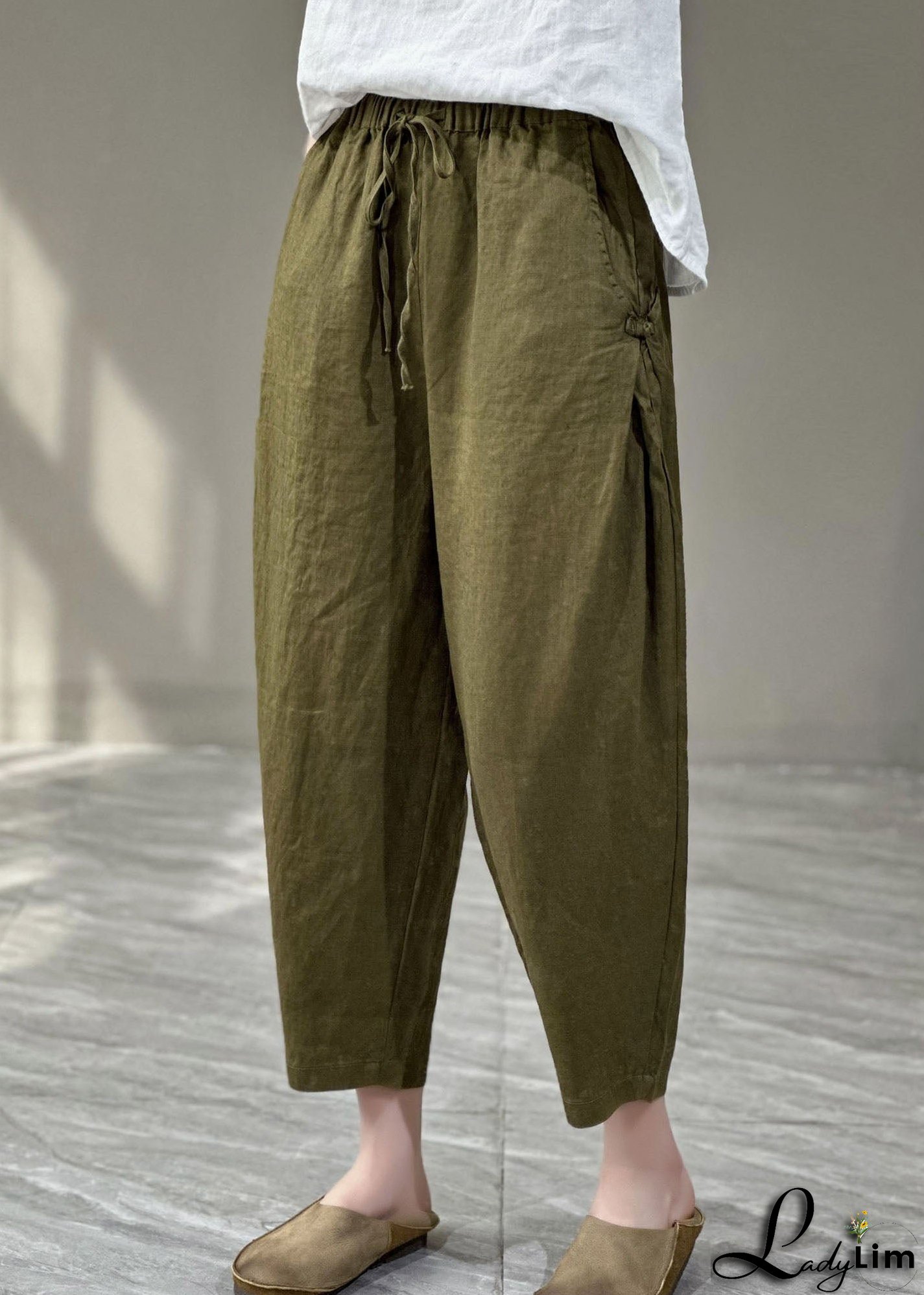 Casual Yellow Pockets Cinched Patchwork Linen Harem Pants Summer