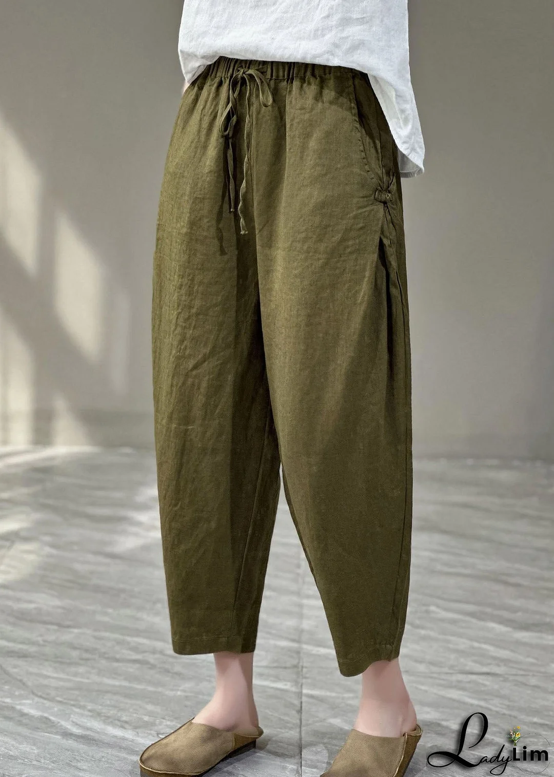 Casual Yellow Pockets Cinched Patchwork Linen Harem Pants Summer
