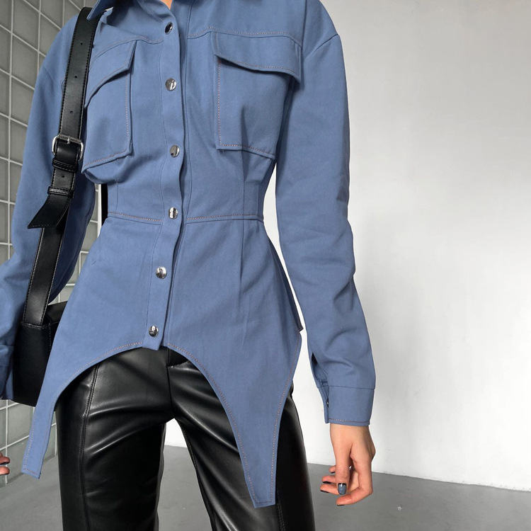 Ootddress Lapel Patchwork Fashion Shirts For Women Slim Long Sleeve Pocket High Waist Autumn 2025 Cardigan Vintage Shirts Streetwear