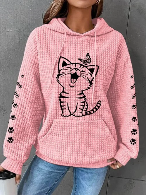 Cute Cat Graphic Cat Lovers Casual Waffle Hoodie