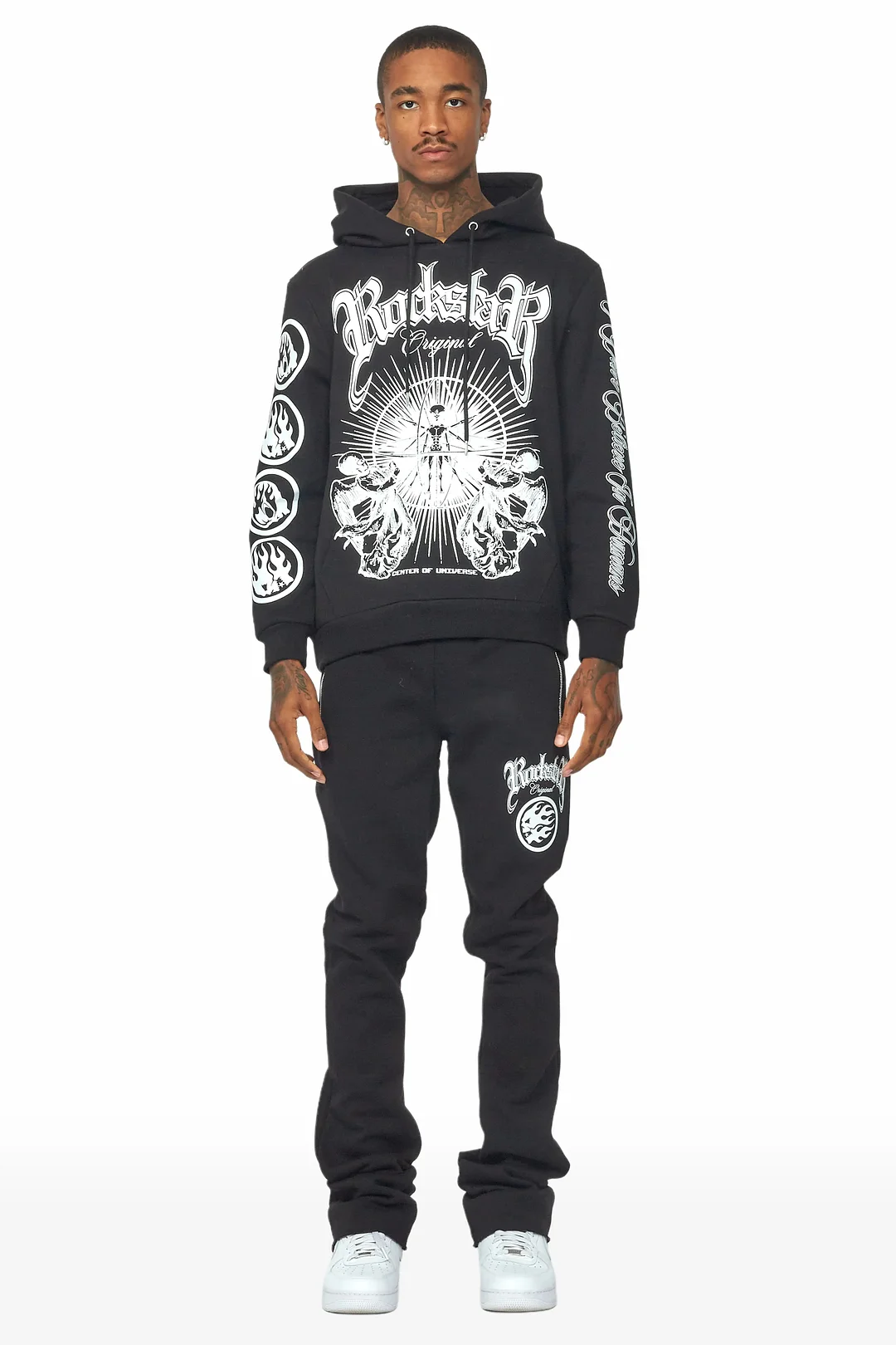 Yarden Black Graphic Hoodie/Stacked Flare Pant Track Set