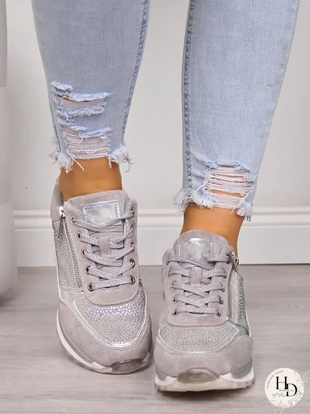 Diamond Panel Zip Lace-Up Casual Shock Absorbing Sneakers