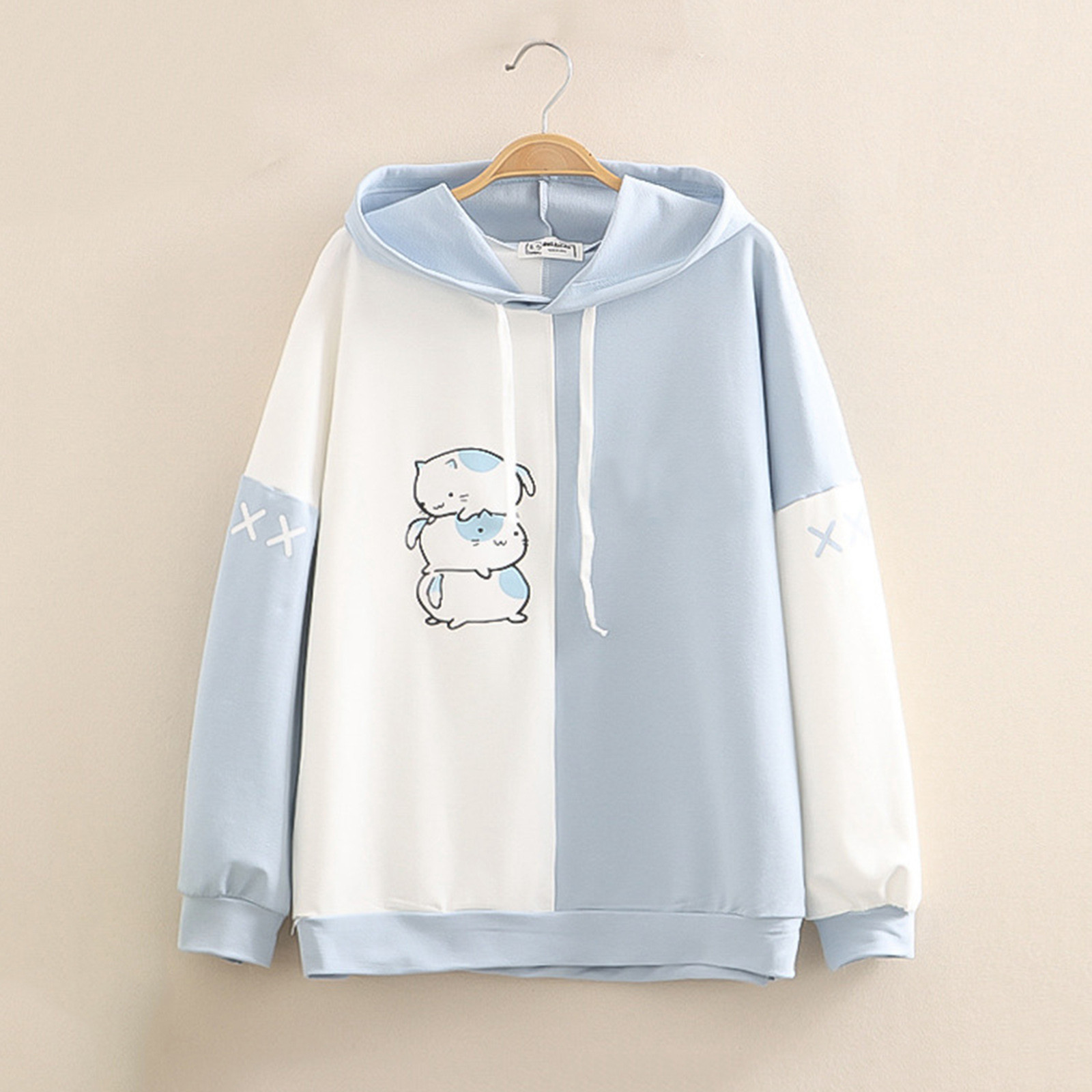 Parigaminghub Harajuku Blue Sweet Sweatshirt Hoodies Cartoon Cat Printed Hooded Women Winter Thick Warm Female Cute Kawaii Tops Tracksuit