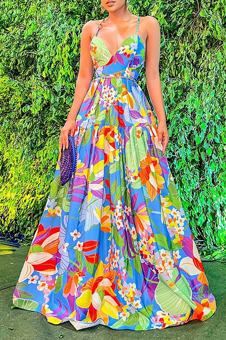 V Neckline Floral Print A-Line Slip Maxi Dresses-Blue
