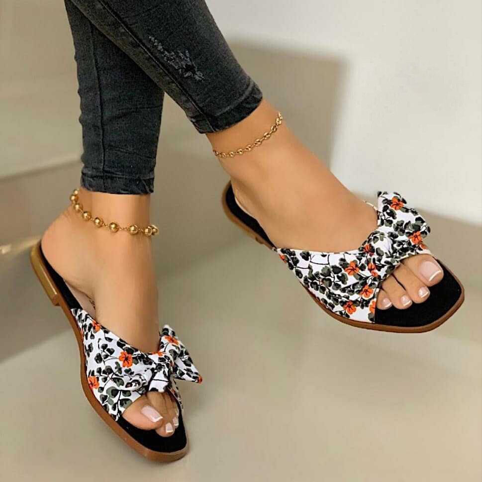 2020 Women Summer Bow slippers Flats Shoes Woman Bohemia Beads Flowers Cross Lace Sandalias Mujer Sapato Feminino D604