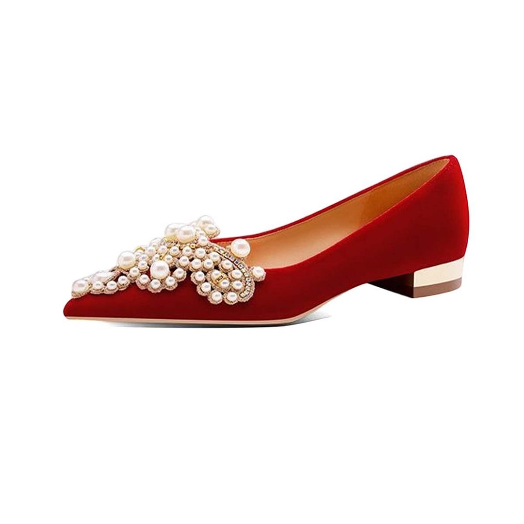 Women's Sense of Luxury Pointed Toe Jewelry Pearl Studs Slip On Embroidery Low Heel Flats  Nicepairs