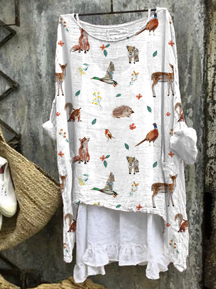 Forest Animals Print Linen Blend Vintage Shirt artswardrobe
