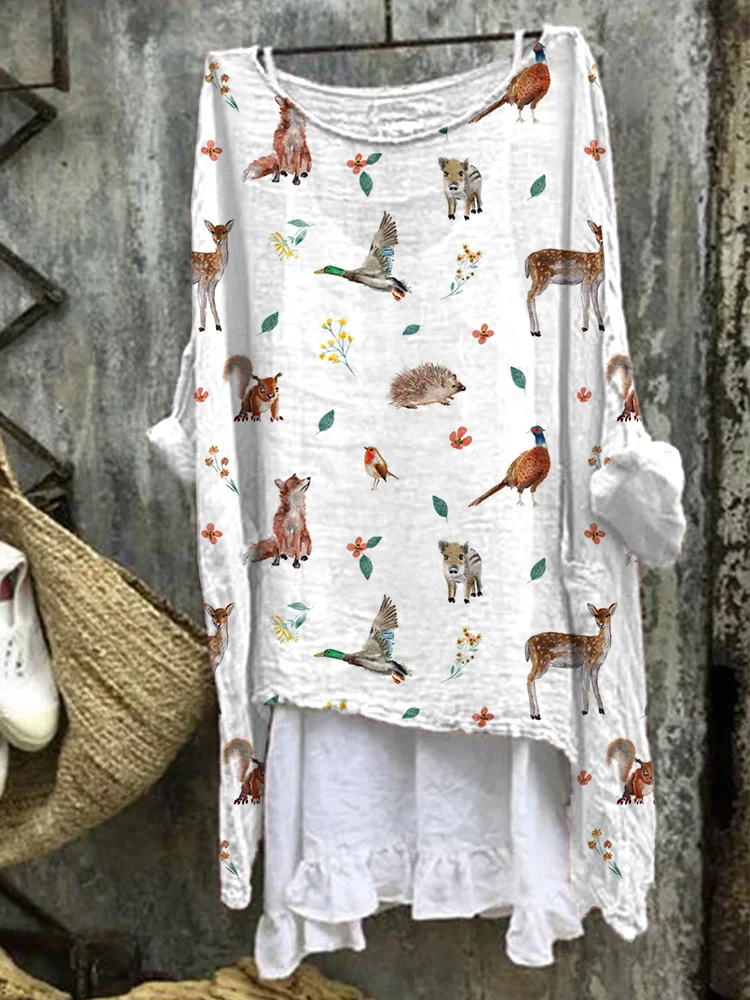 Forest Animals Print Linen Blend Vintage Shirt