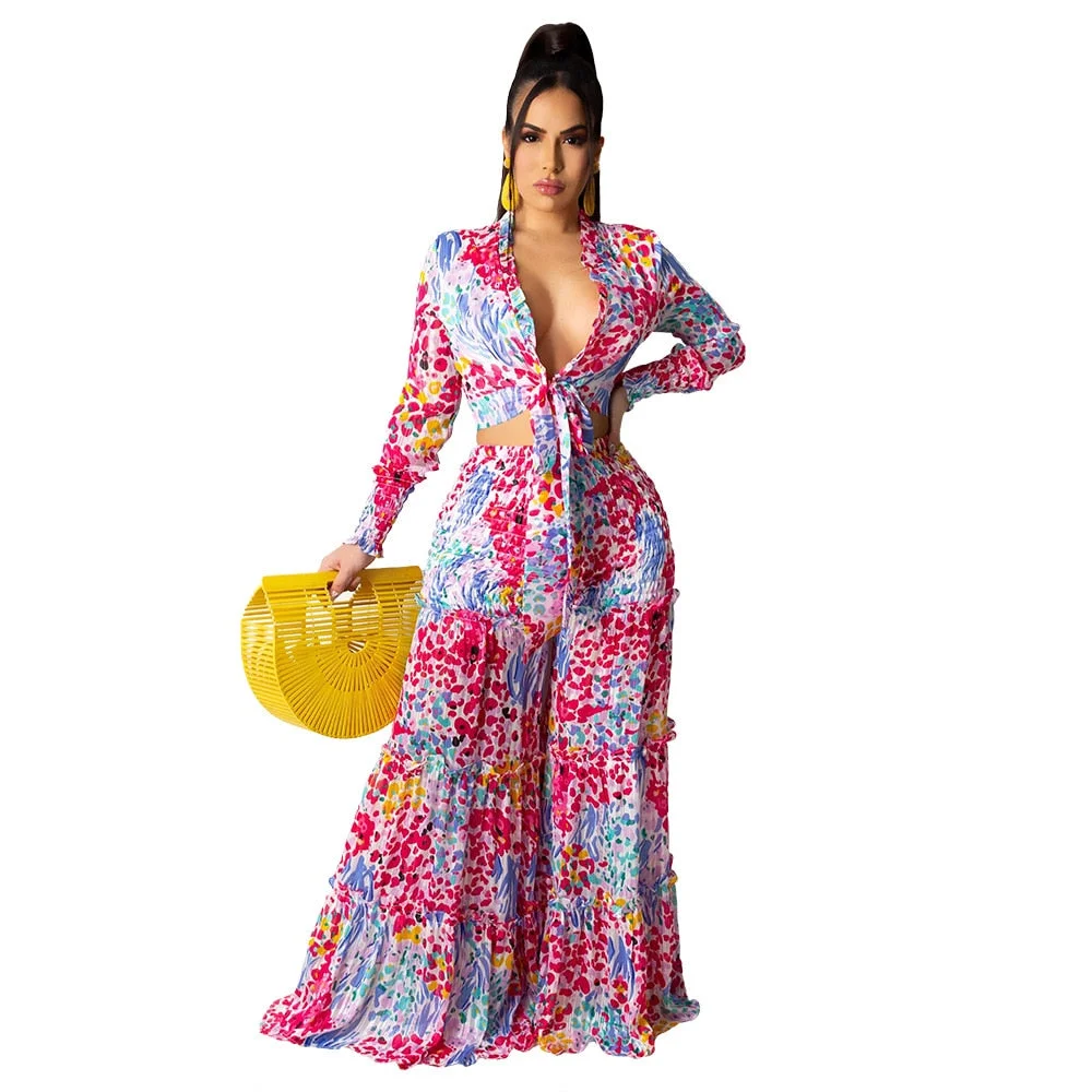 CM.YAYA Autumn Women Set Full Sleeve V-neck Crop Tops Wide Leg Pants Two 2 Piece Sets Street Tracksuit Chiffon Beach Outfits