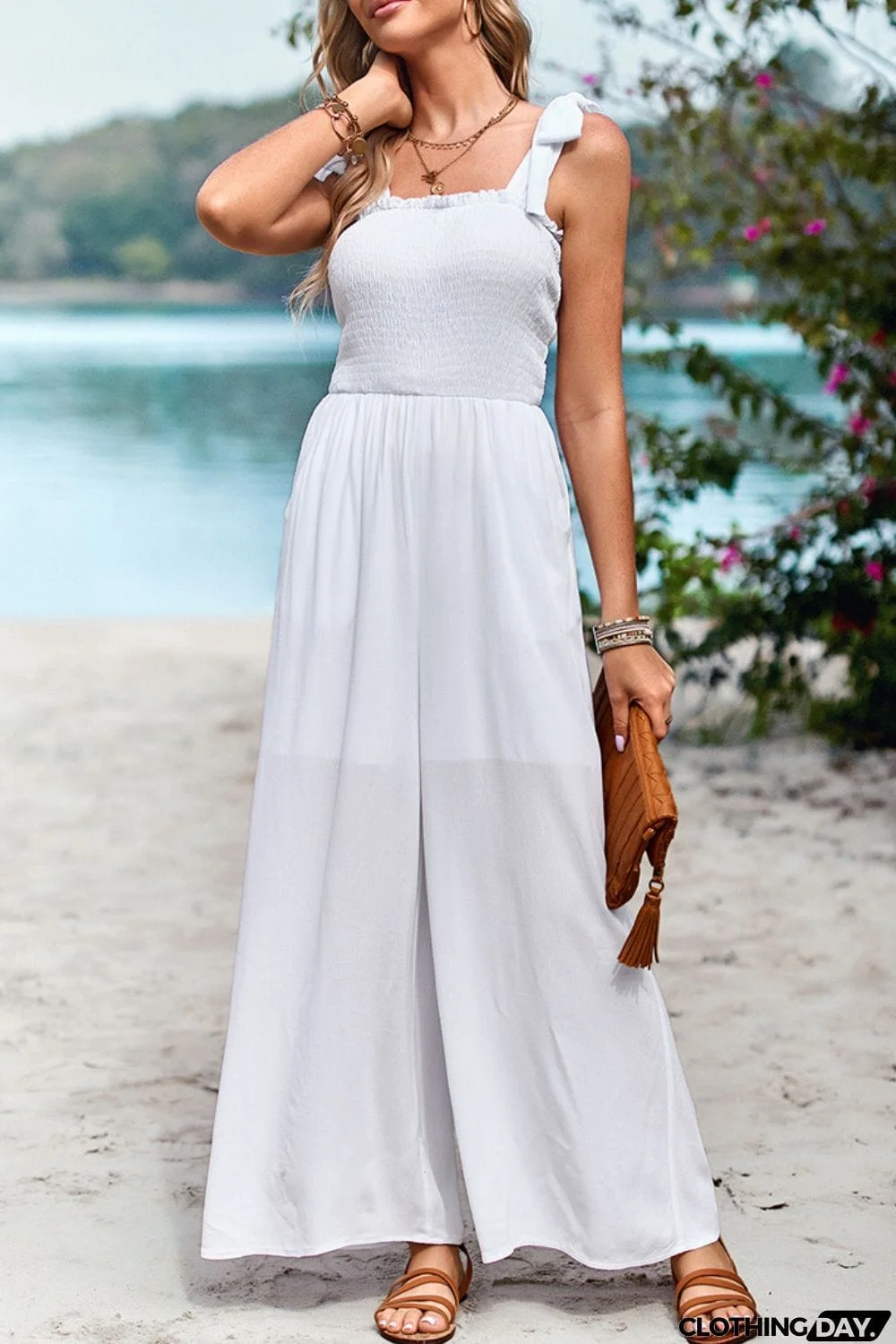 Frill Trim Tie Shoulder Wide Leg Jumpsuit with Pockets