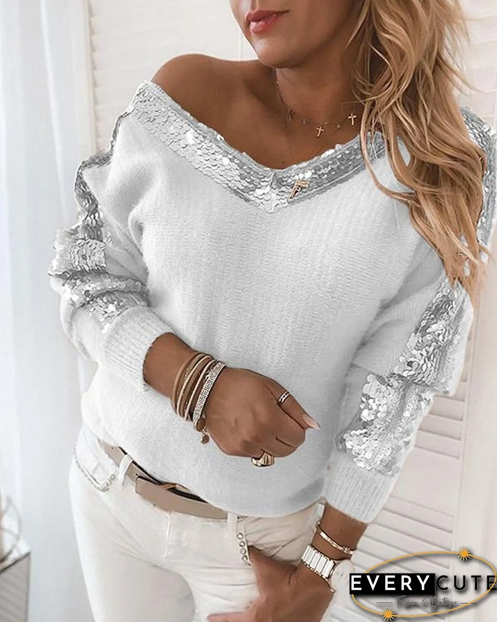 Sequins V-Neck Casual Sweaters