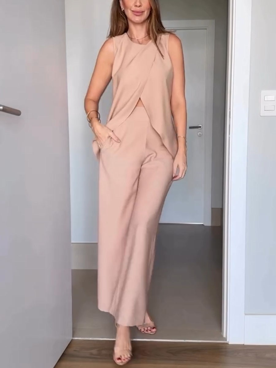 Casual sleeveless slit two-piece set