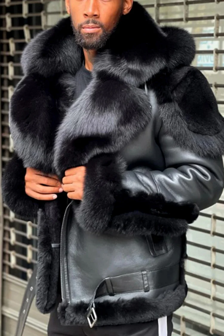 Black Thickened Fleece Hooded Leather Jacket