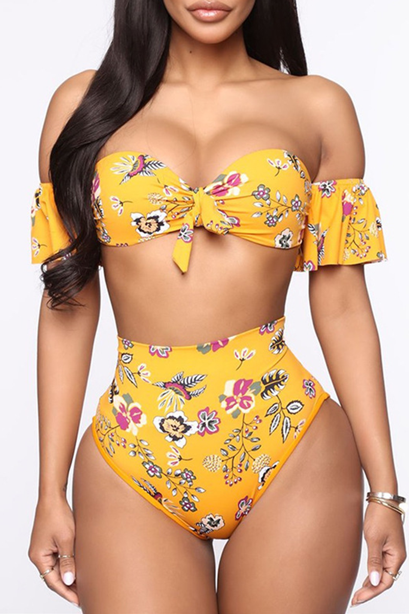 Yellow Sexy Print Patchwork Off the Shoulder Plus Size Swimwear | EGEMISS