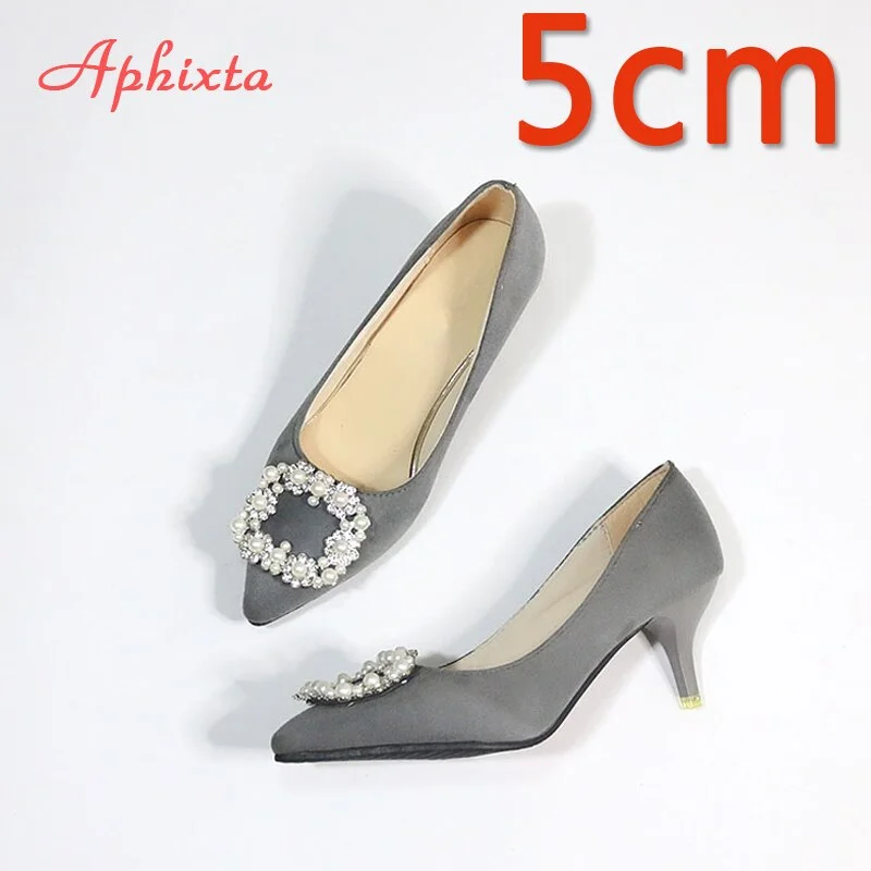 Aphixta Large Size 48 Pearl Metal Buckle Stiletto High Heels Shoes Woman Pump Thin Heel Pointed Toe Elegant Dress Office Pumps