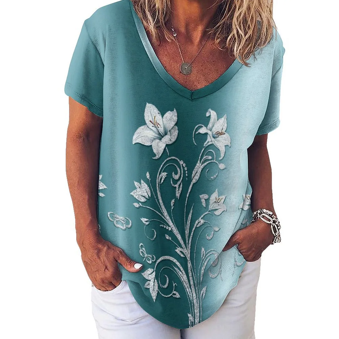 V-neck Short Sleeve Casual T-shirt for  Women Printed with Pattern Green, Lily, Glitter, Floral