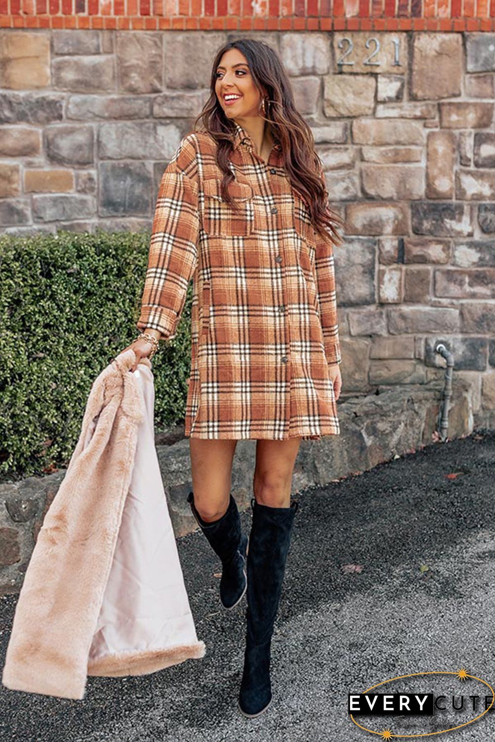 Orange Plaid Button up Side Slit Shirt Dress