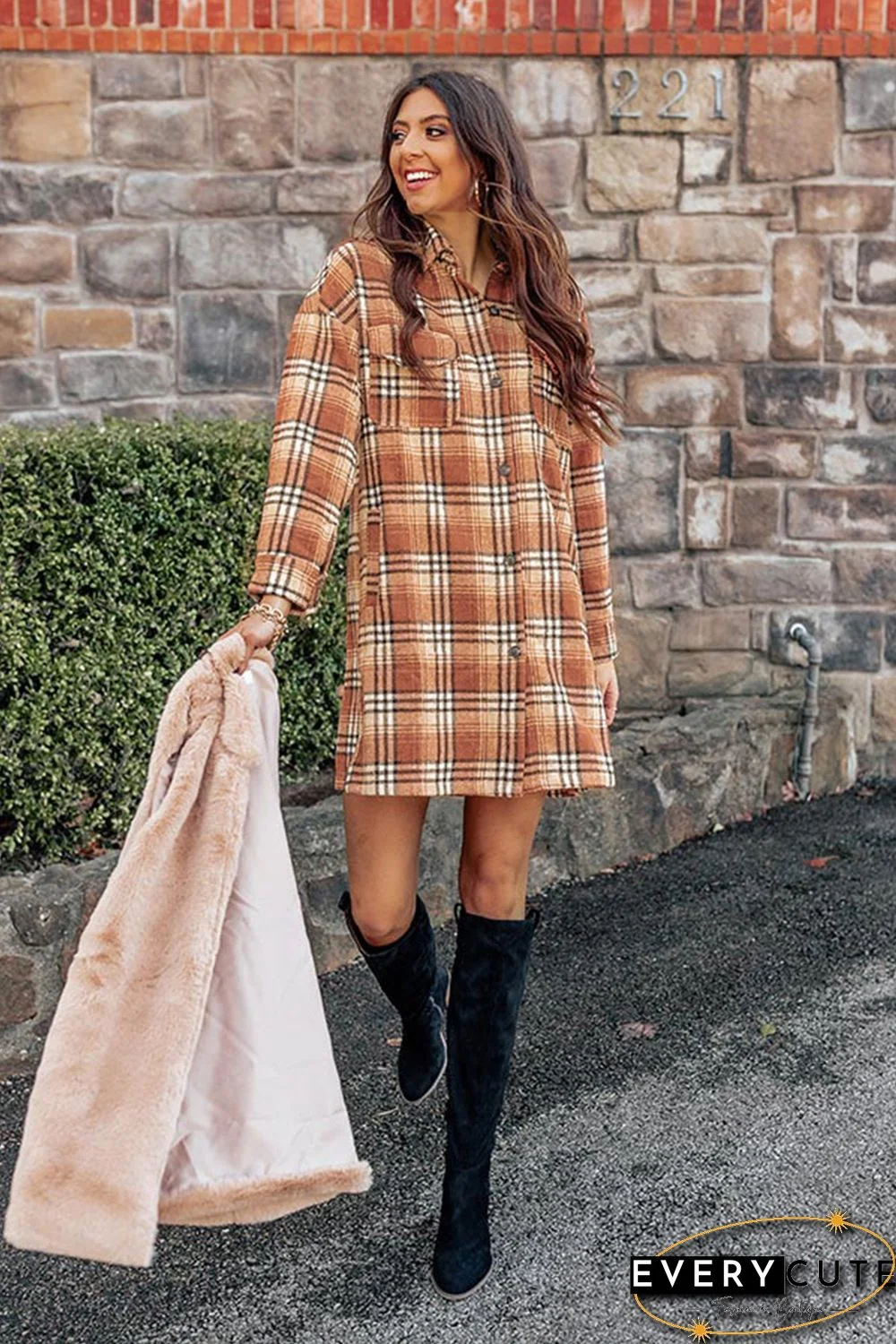 Orange Plaid Button up Side Slit Shirt Dress