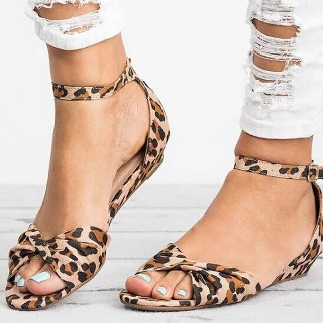 Women Leopard Print Flat Sandals Beach Peep-Toe Sandals