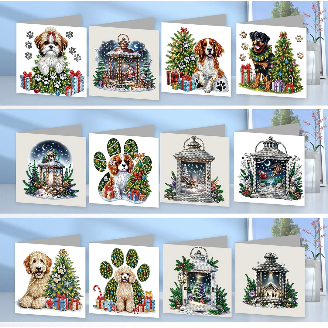 12Pcs Xmas Dog DIY Diamond Painting Greeting Cards for Adult Holiday Gifts
