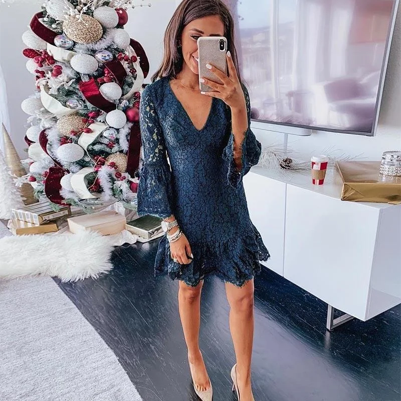 V Neck Lace Dress for Women Elegant Perspective Casual Mini Beach Dress Female Long Sleeve Solid Color Vacation Daily Vestidos