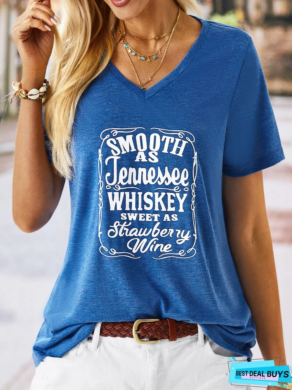 Letter Cotton-Blend Casual V Neck T-shirt