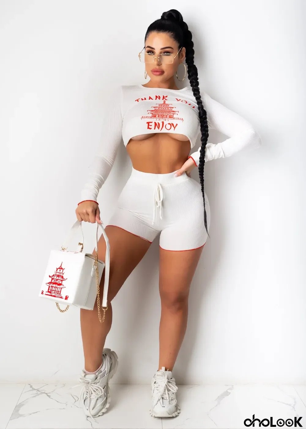 Letter Print Long Sleeve Two Piece Shorts Set