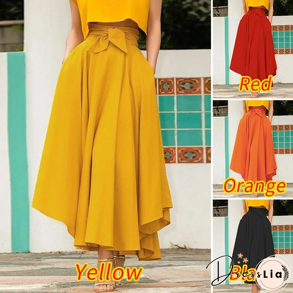 Women Summer High Waist Solid Color Swing Dress Plus Size Long Skirts