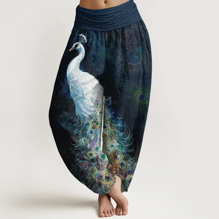  Pure Cotton Gorgeous Peacock Pattern Women's Elastic Waist Harem Pants