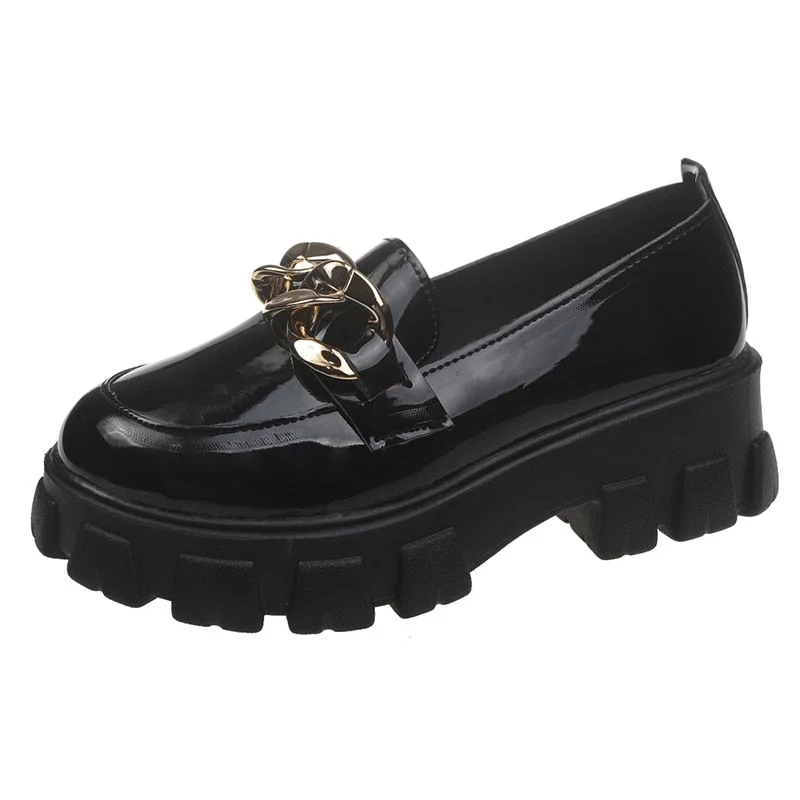 Lourdasprec 2022 Women Autumn New Black Platform Flats Shoes Women Loafers Slip on Boat Shoes Metal Chain Designer Casual Leather Oxfords