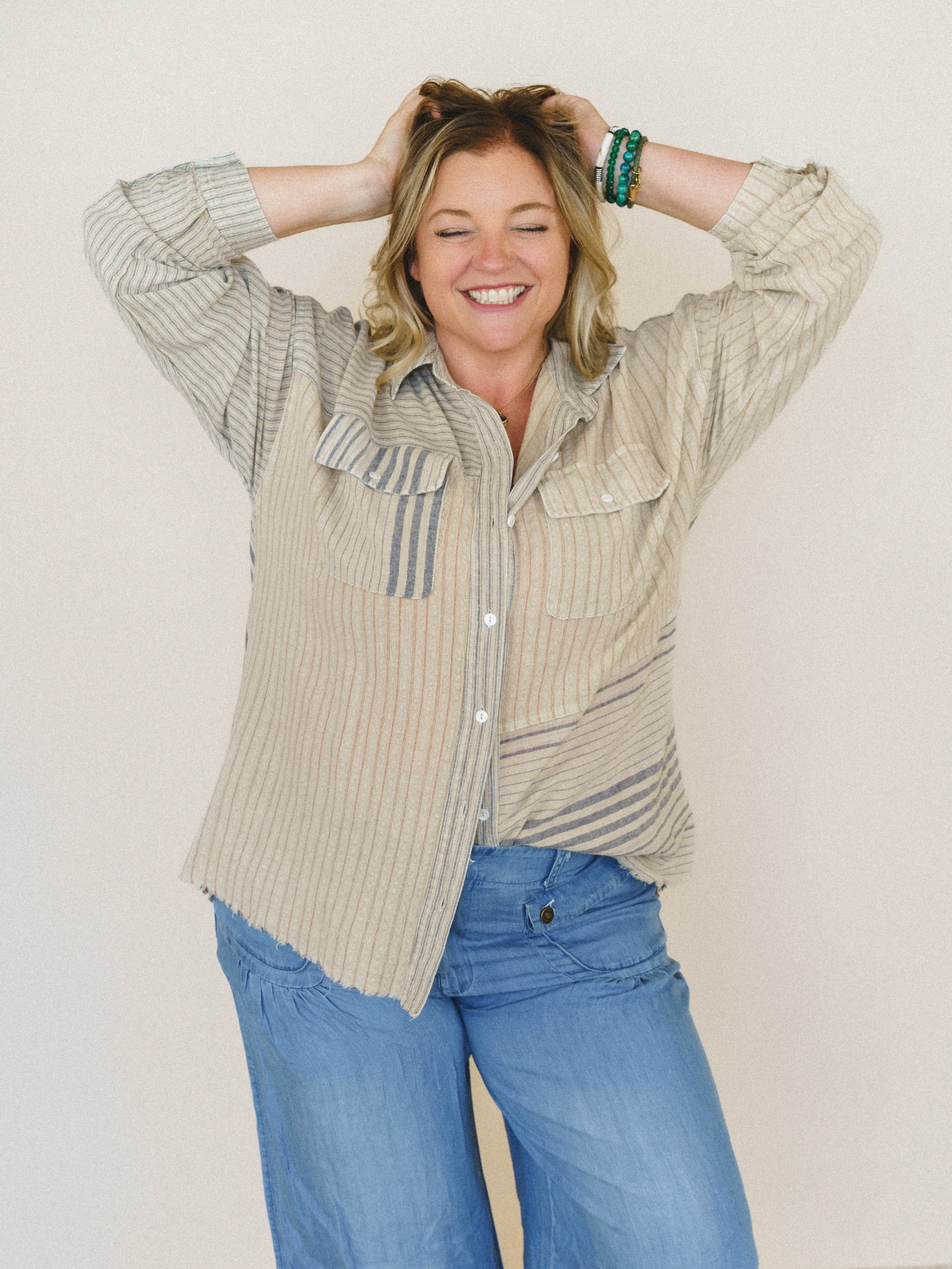Solana Stripe Button Down Top - Faded Sage