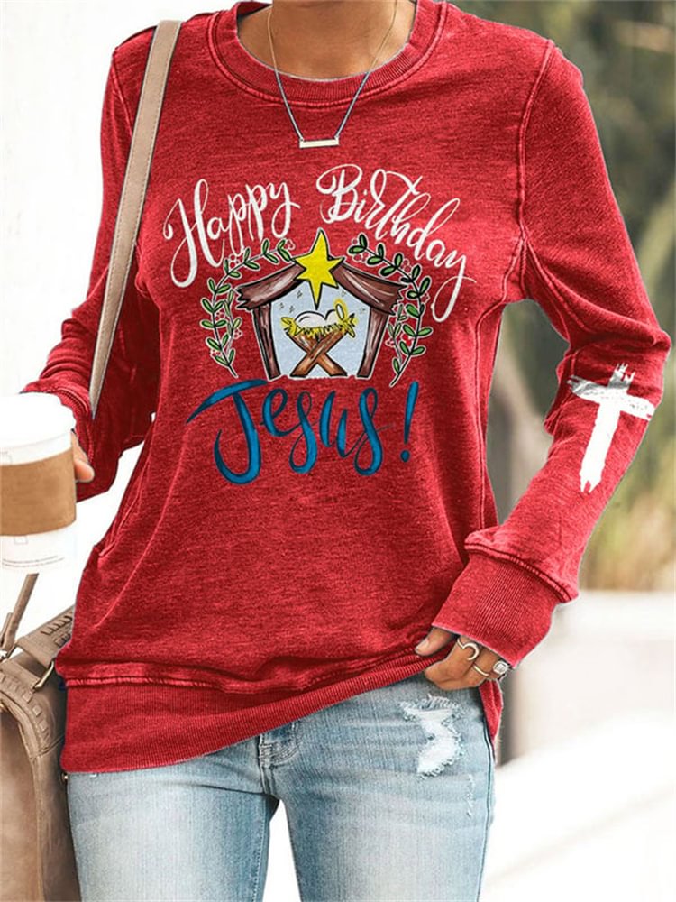 Comstylish Happy Birthday Jesus Cartoon Print Sweatshirt