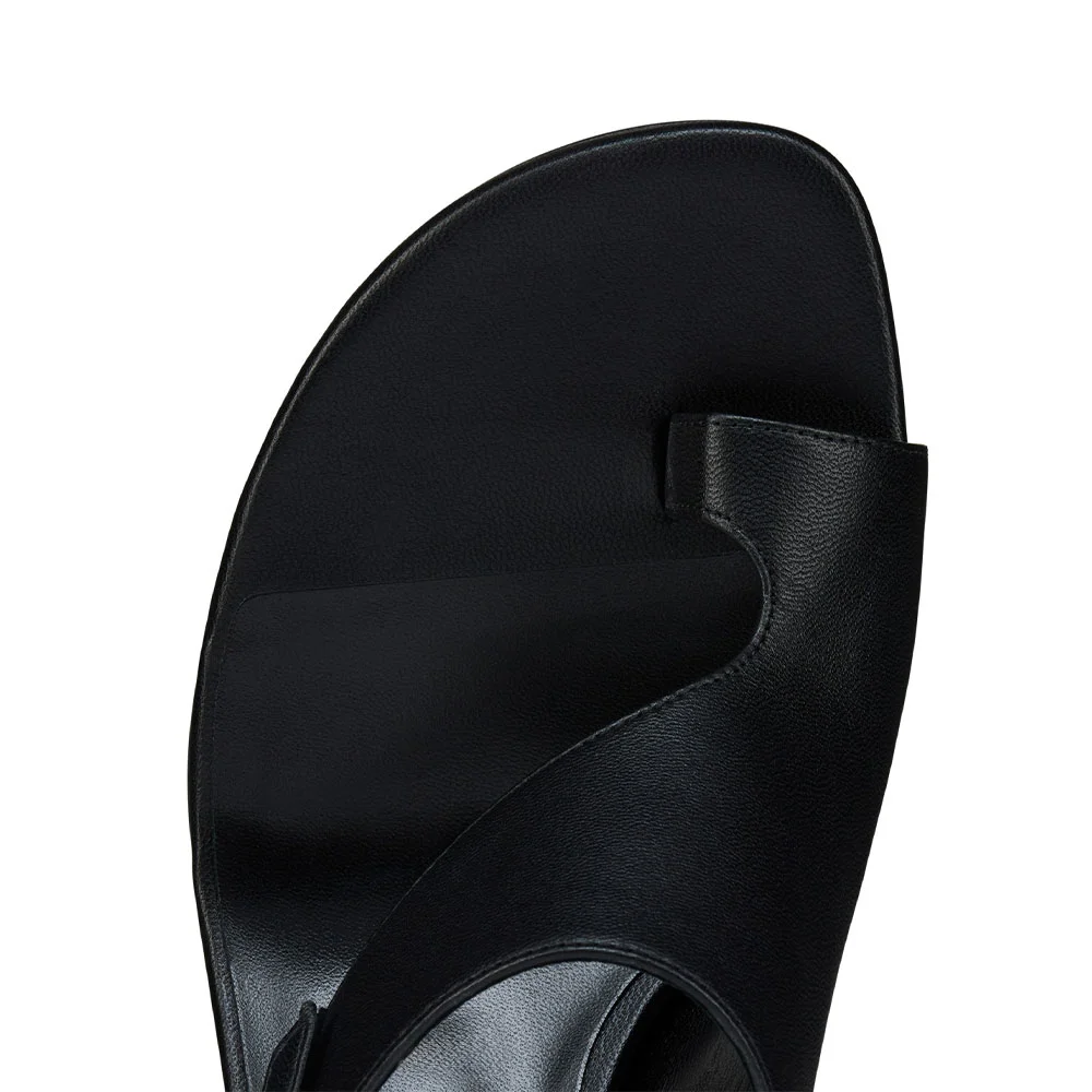 Black Vegan Leather Sculptural Heel Slingback Buckle Toe Loop Sandals