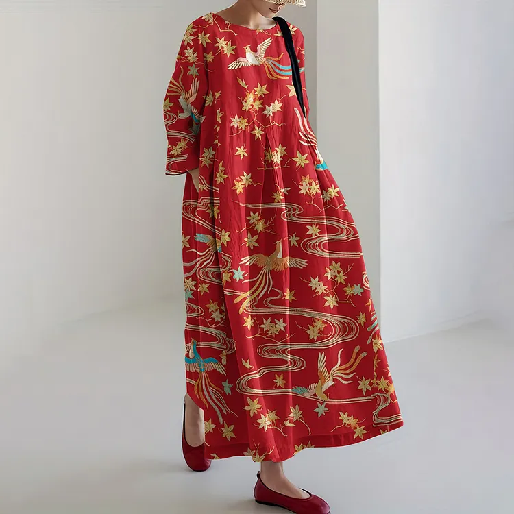 Women's Japanese Flower And Crane Art Print Midi Dress