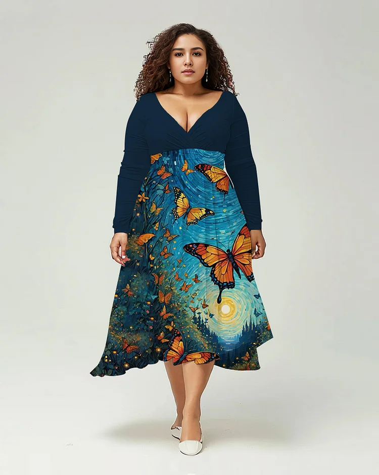 Plus Size Women's Butterfly Print Long Sleeve V Neck Dress