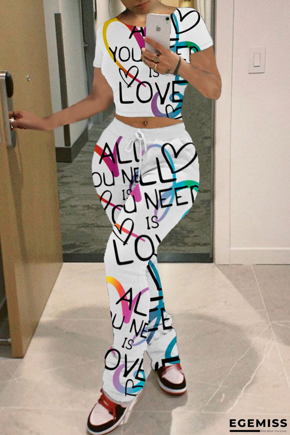 White Fashion Casual Print Basic O Neck Short Sleeve Two Pieces | EGEMISS