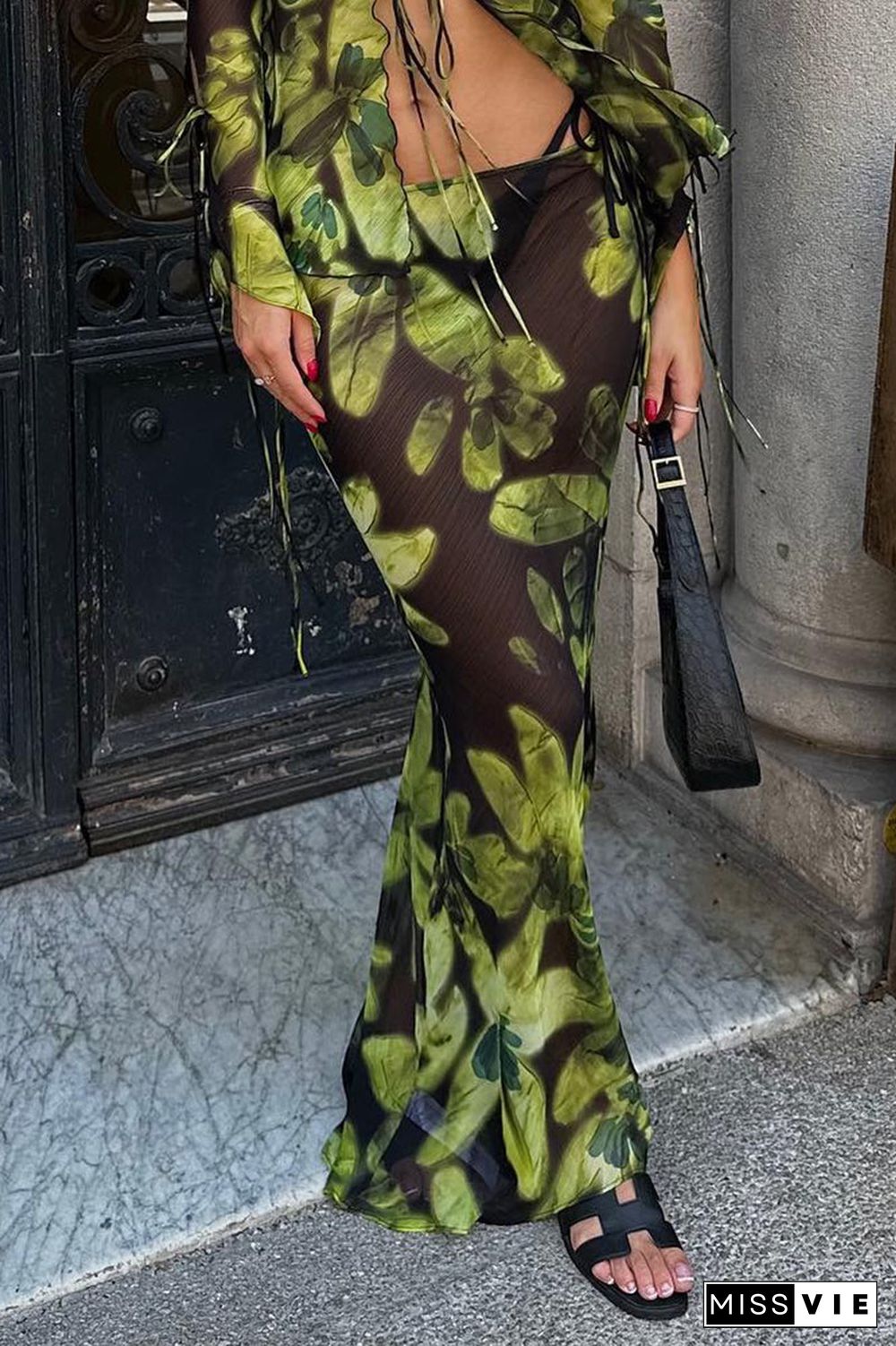 Sexy Floral Draw String Asymmetrical Regular High Waist Full Print Bottoms
