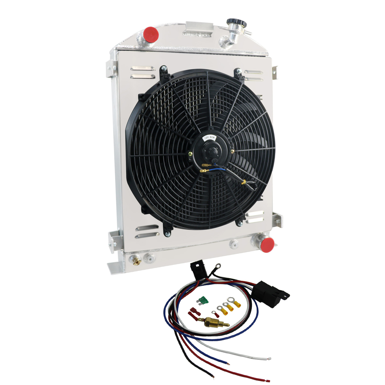 Ford Model Radiator Sheld Alloyworks 4 Rows All-Aluminum Radiator with Shroud and Fan and Relay ...