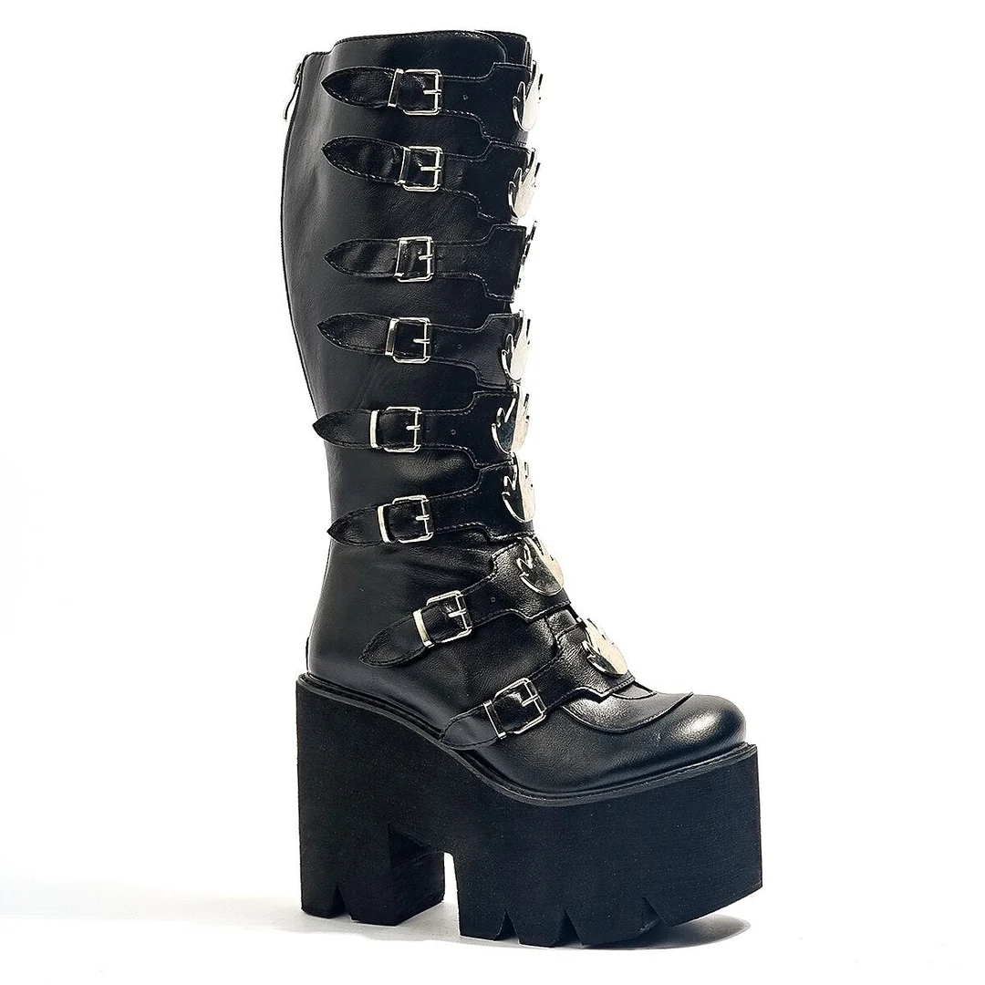 Leather Women Mid-Calf Boots Gothic Style Cool Punk Motorcycles Females Boot Platform Wedges High Heels Calf Boots Women's Shoes 1110