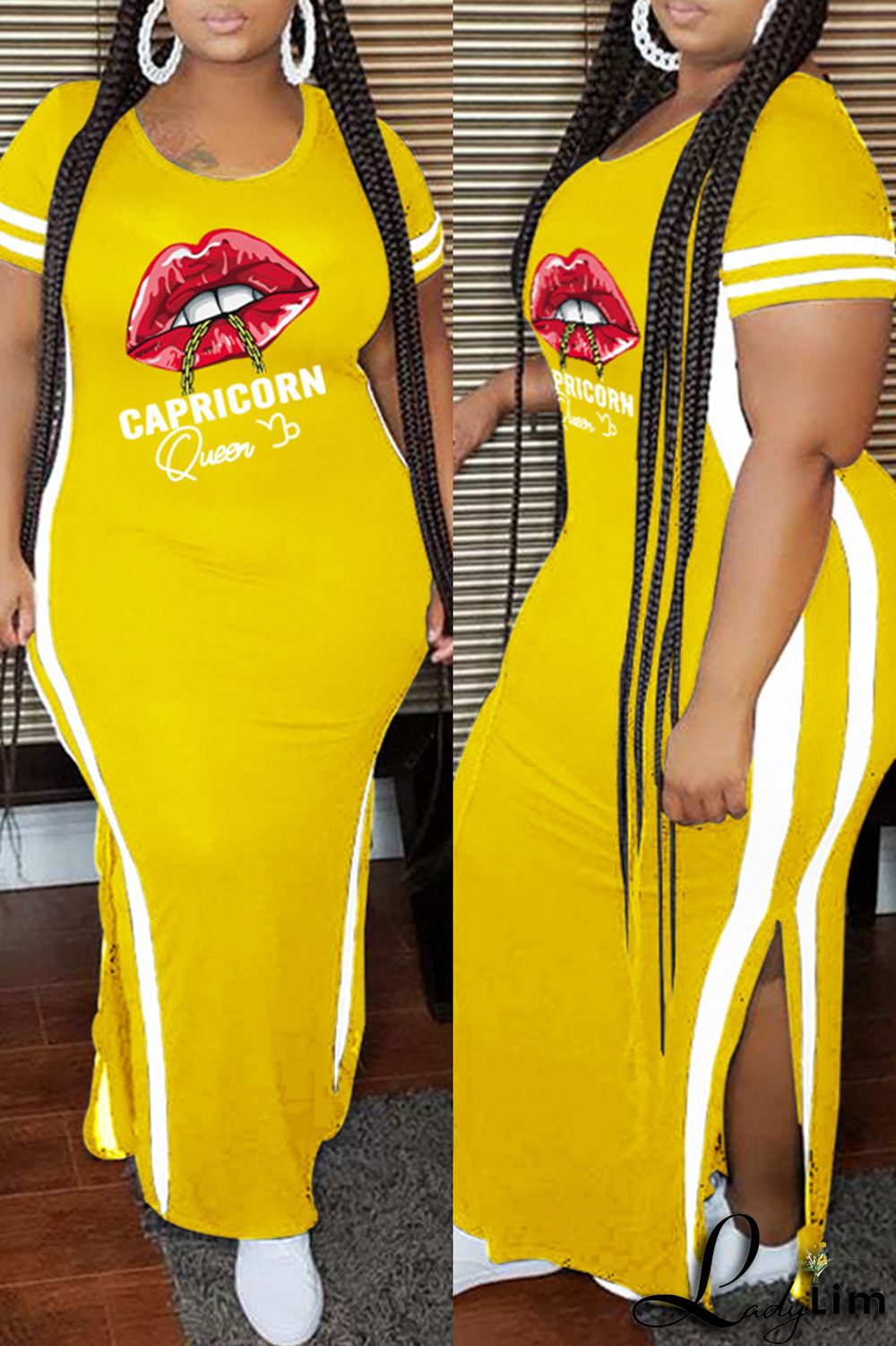 Pink Fashion Casual Plus Size Lips Printed Split Joint Slit O Neck Short Sleeve Dress