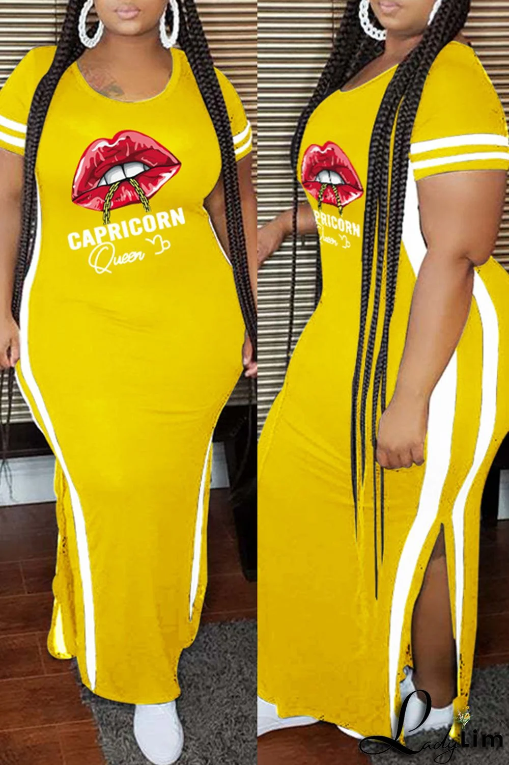 Pink Fashion Casual Plus Size Lips Printed Split Joint Slit O Neck Short Sleeve Dress