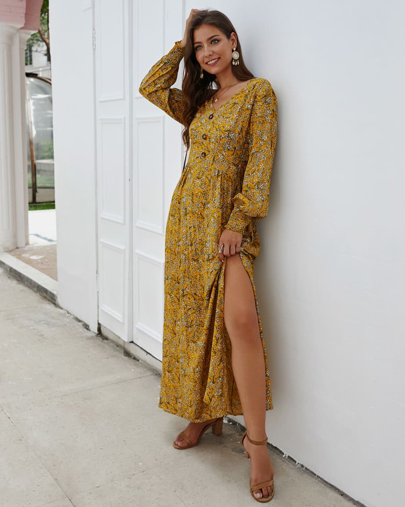 Women Ladies Long Lantern Sleeve Autumn Dress Floral Autumn Pre-fall Holiday Buttons Maxi Dress