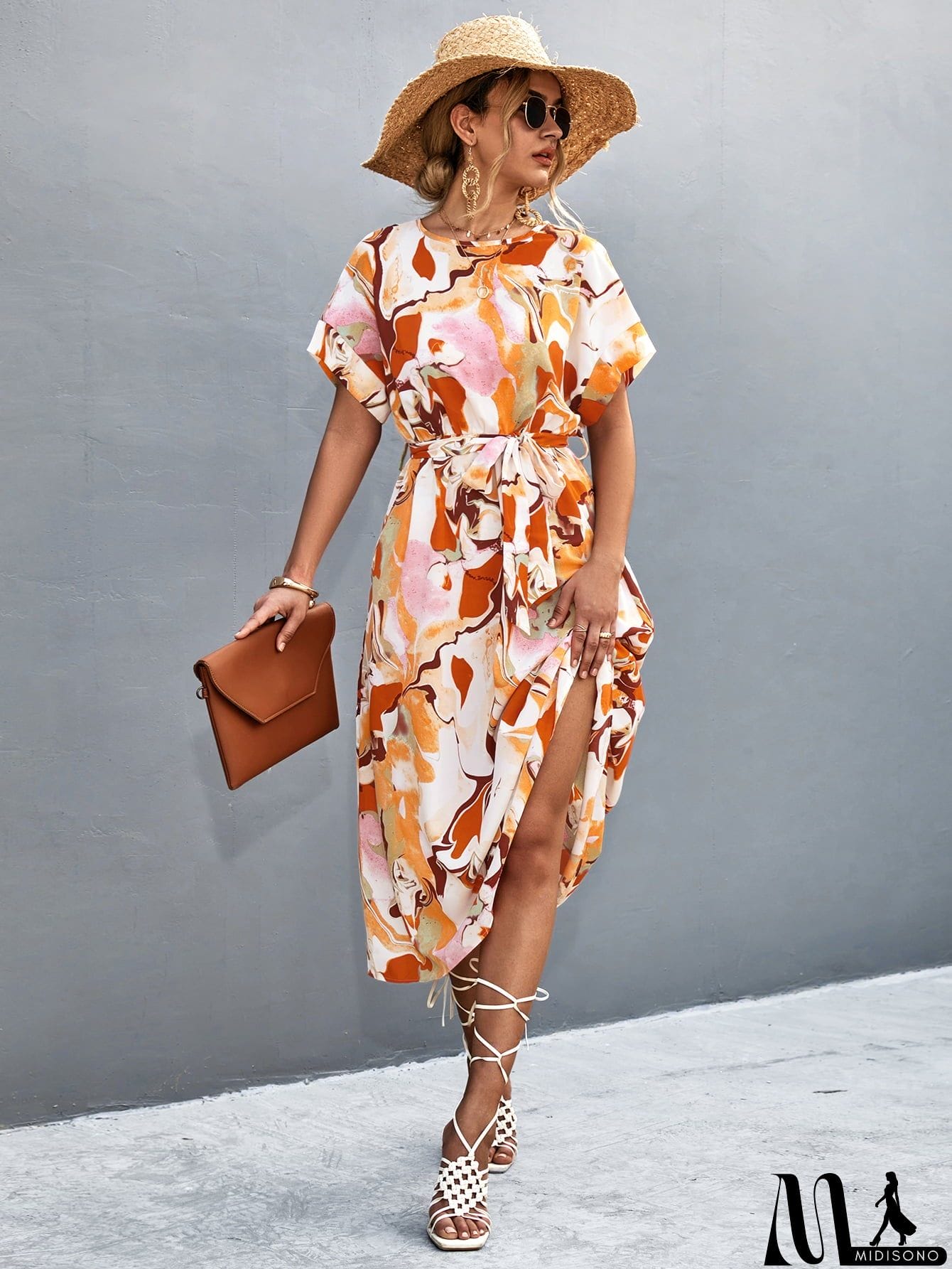 MidiSono - Round Neck Short Sleeve Tie Waist Midi Dress