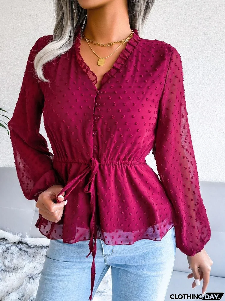 Swiss Dot Frill Trim Drawstring Waist Peplum Blouse