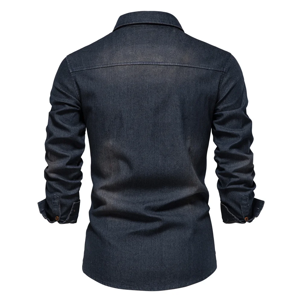 Men's Casual Solid Color Long-sleeved Denim Shirt