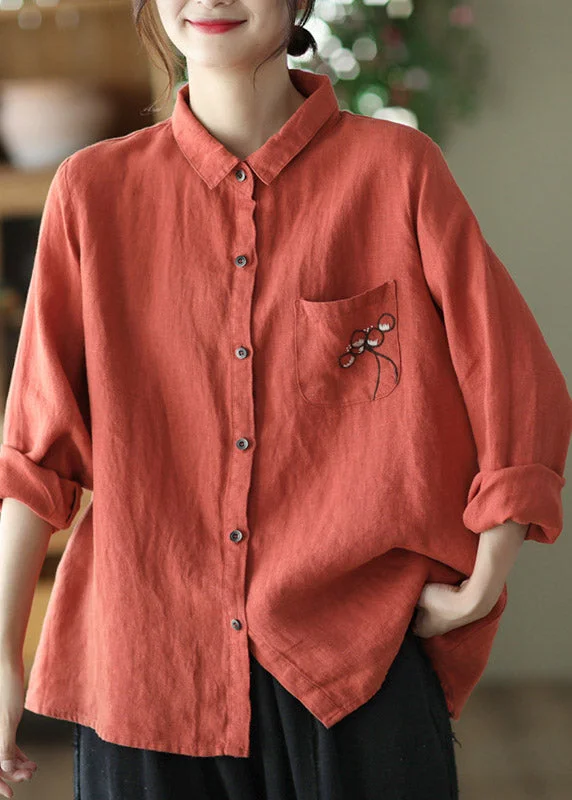 Elegant Red Peter Pan Collar Embroideried Button Linen Shirt Long Sleeve