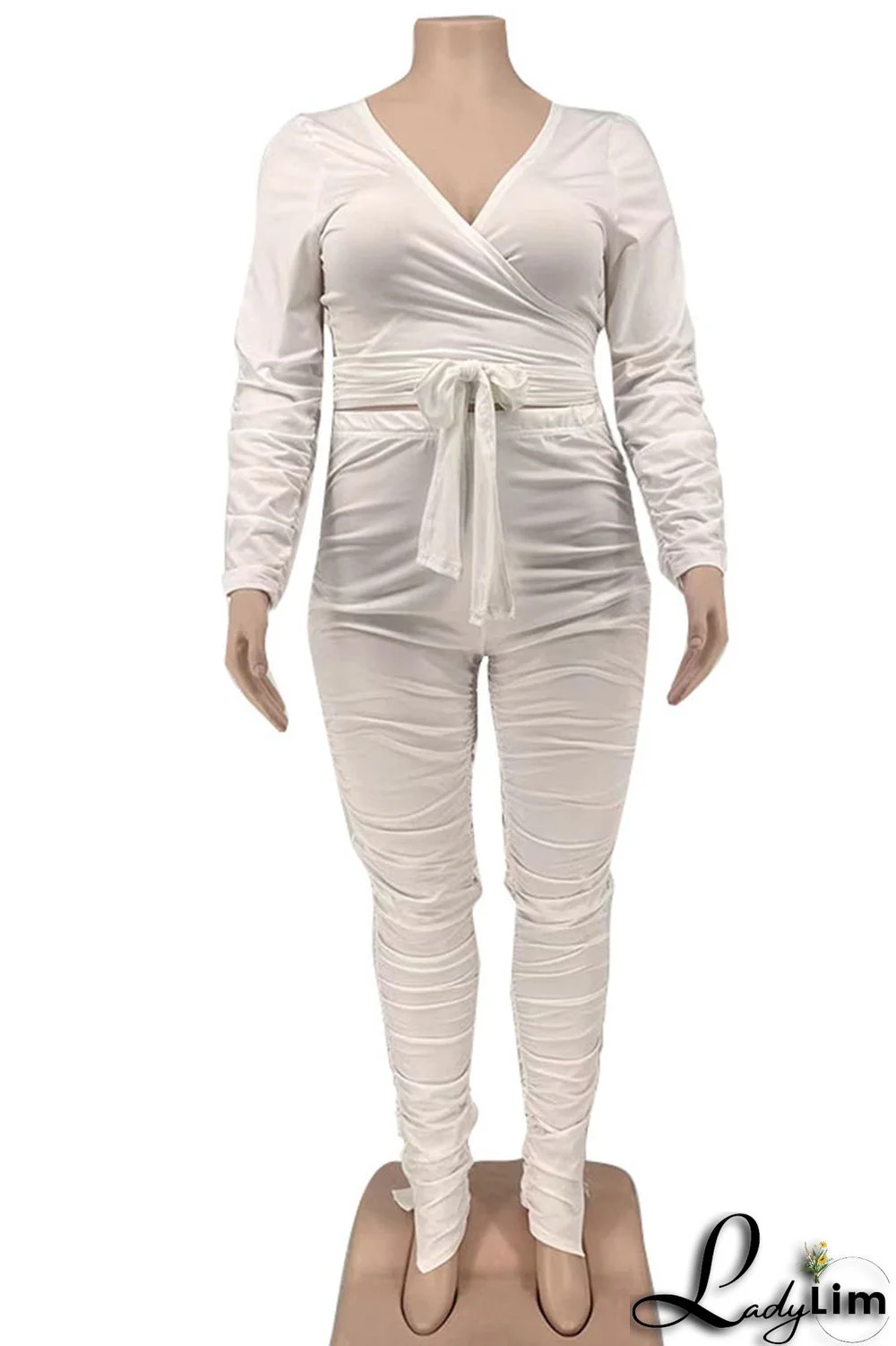 Rose Red Sexy Solid Bandage Patchwork Fold V Neck Plus Size Two Pieces