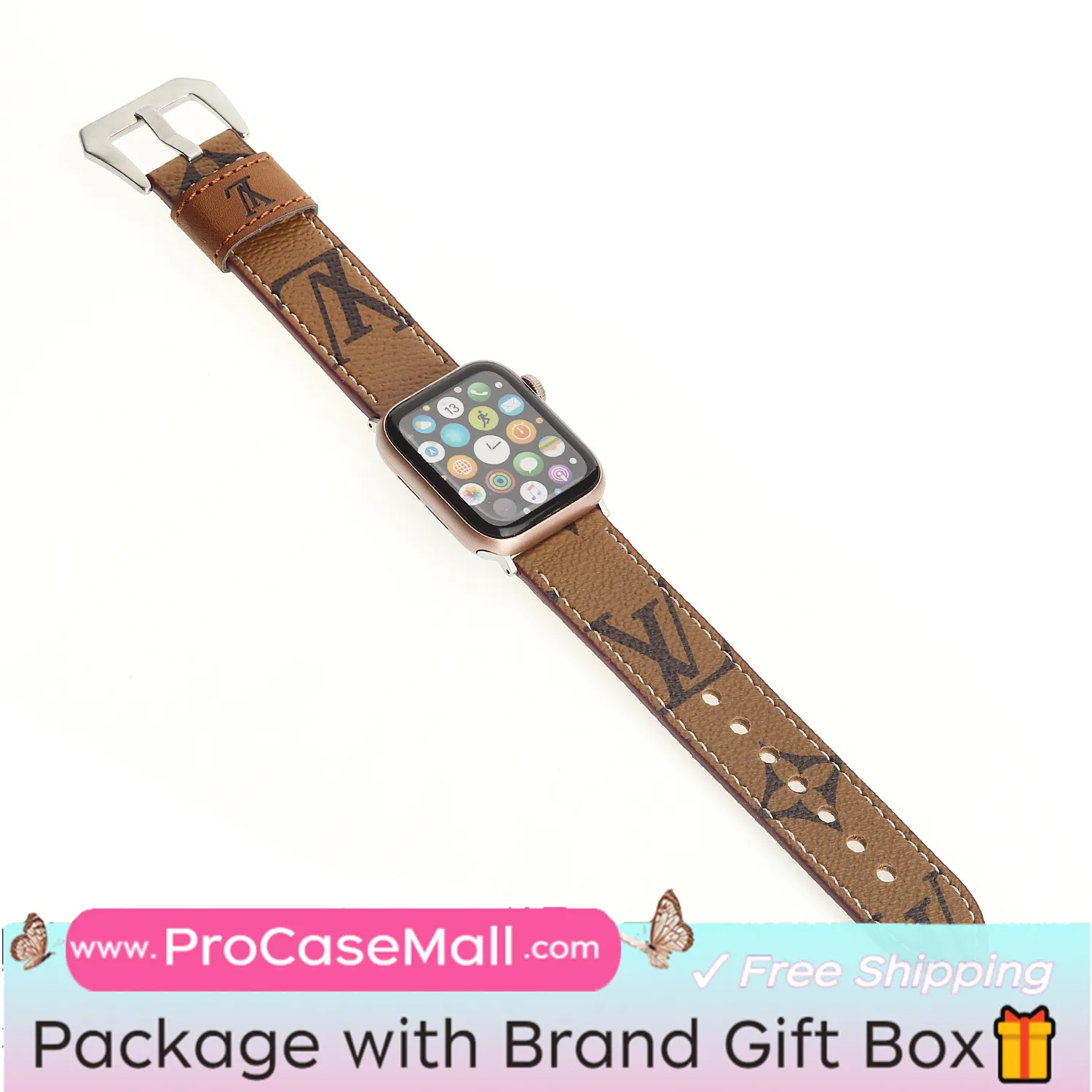LV Genuine Leather Monogram Canvas Apple Watch Strap Checkerboard Canvas