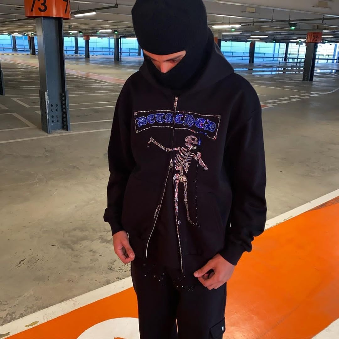 Rhinestone Skull Sweatshirt Men's Gothic Oversized Zip Up Hoodies-VESSFUL