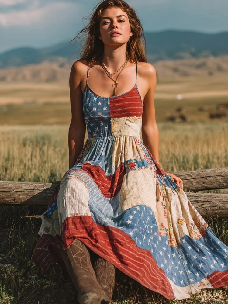 Vintage American Flag Patchwork Art Linen Cami Maxi Dress